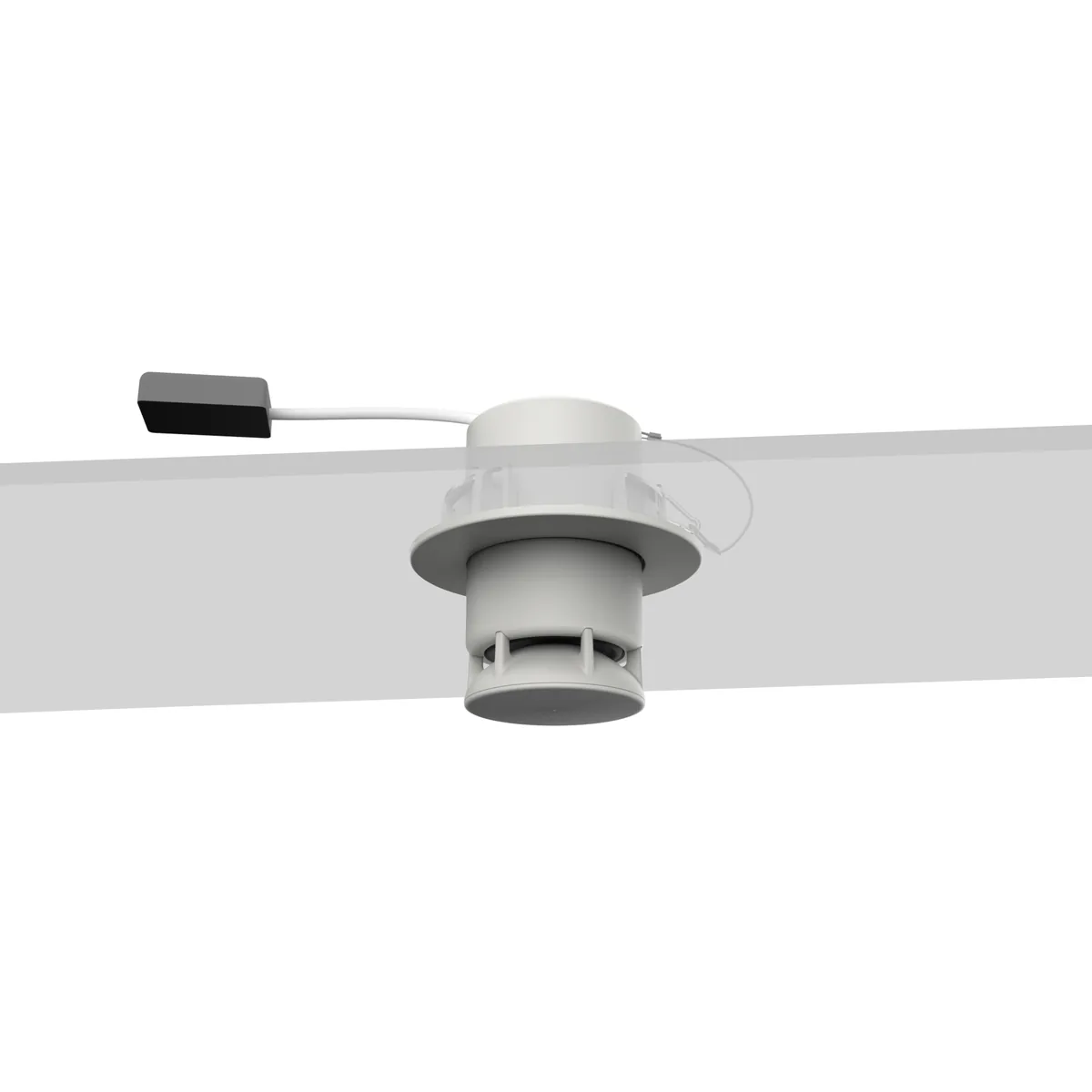 Kit de empotrar del Omni Recessed: aro y carcasa para cielo raso, sobre fondo blanco.