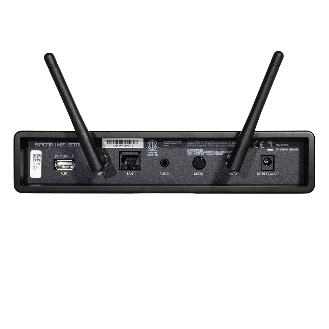 Parte trasera del Spottune Stream: conectores de antena ANT1 y ANT2, puerto LAN, entradas AUX y MIC, USB y alimentación